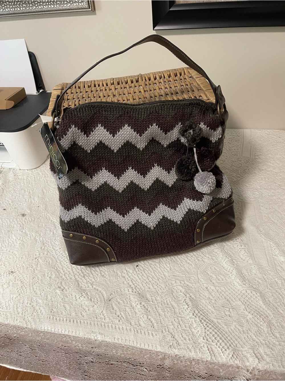 Zigzag Knit Shoulder Tote Bag with Pom-Pom Accent - Brown & Gray